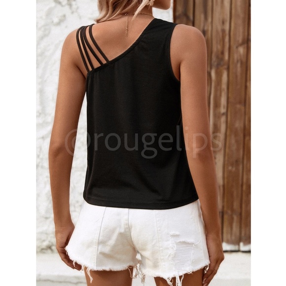 Strappy Black Tank Top Asymmetric Neck Stretchy - Picture 2 of 7